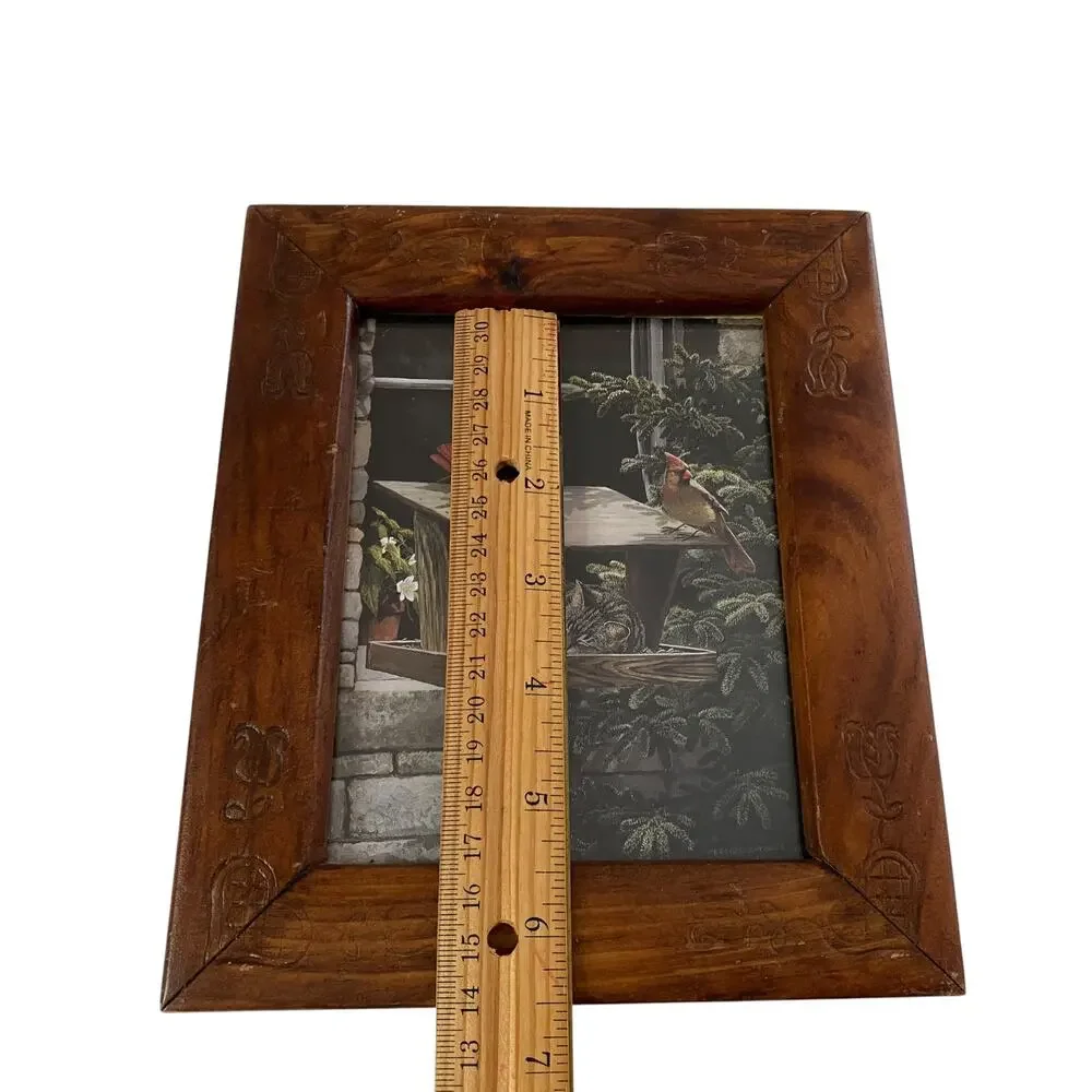 Vintage Carved Wood Frame Cat Birds Print Persis Clayton Weirs 90s Country 1992